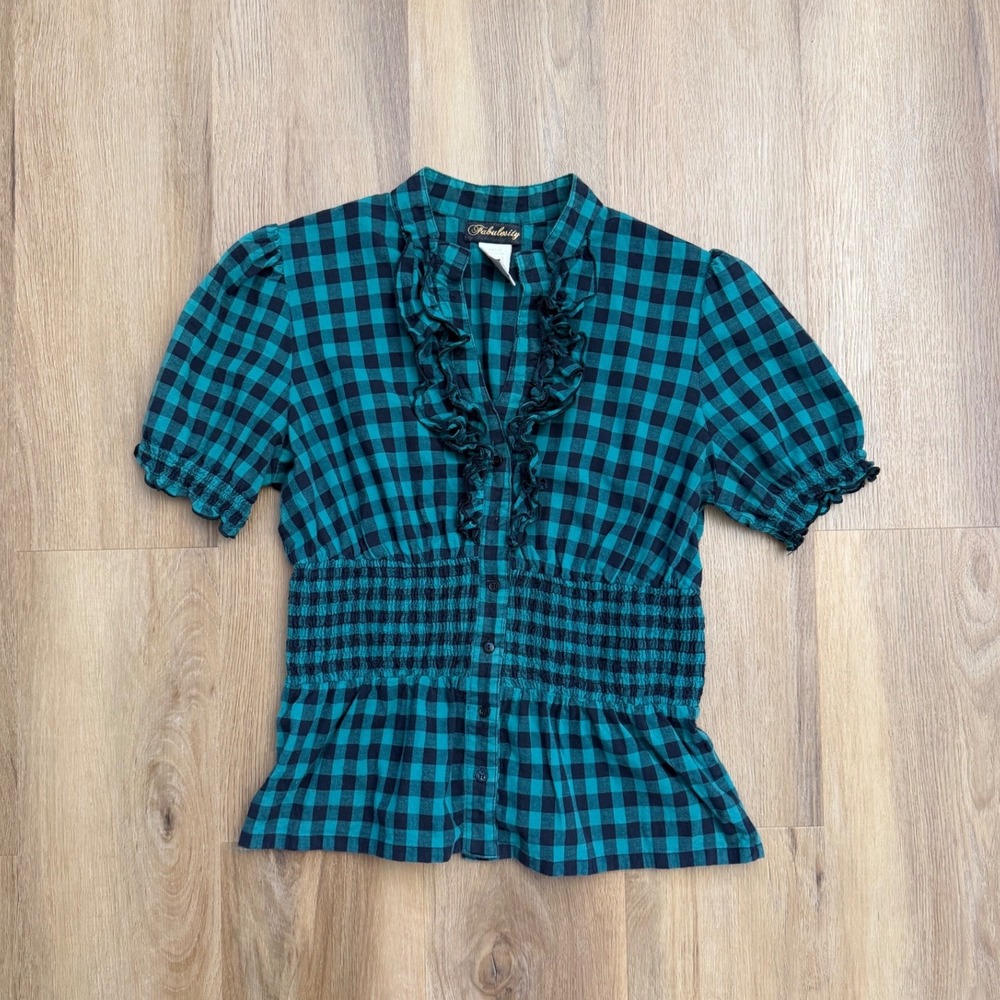 Y2k Teal Black Gingham Ruffle Smocked Waist Blouse Vintage Y2K Dark academia emo